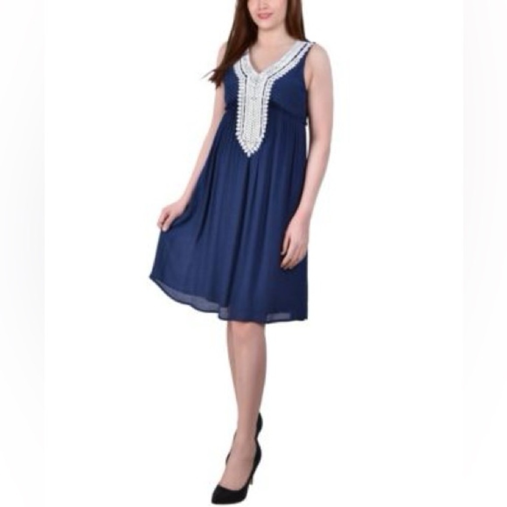 NY Collection Empire Waist Dress- Navy Blue /Large